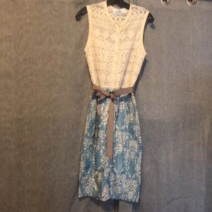 Beguile by Bryon Lars | Anthropologie dress, cream lace top, blue/cream skirt